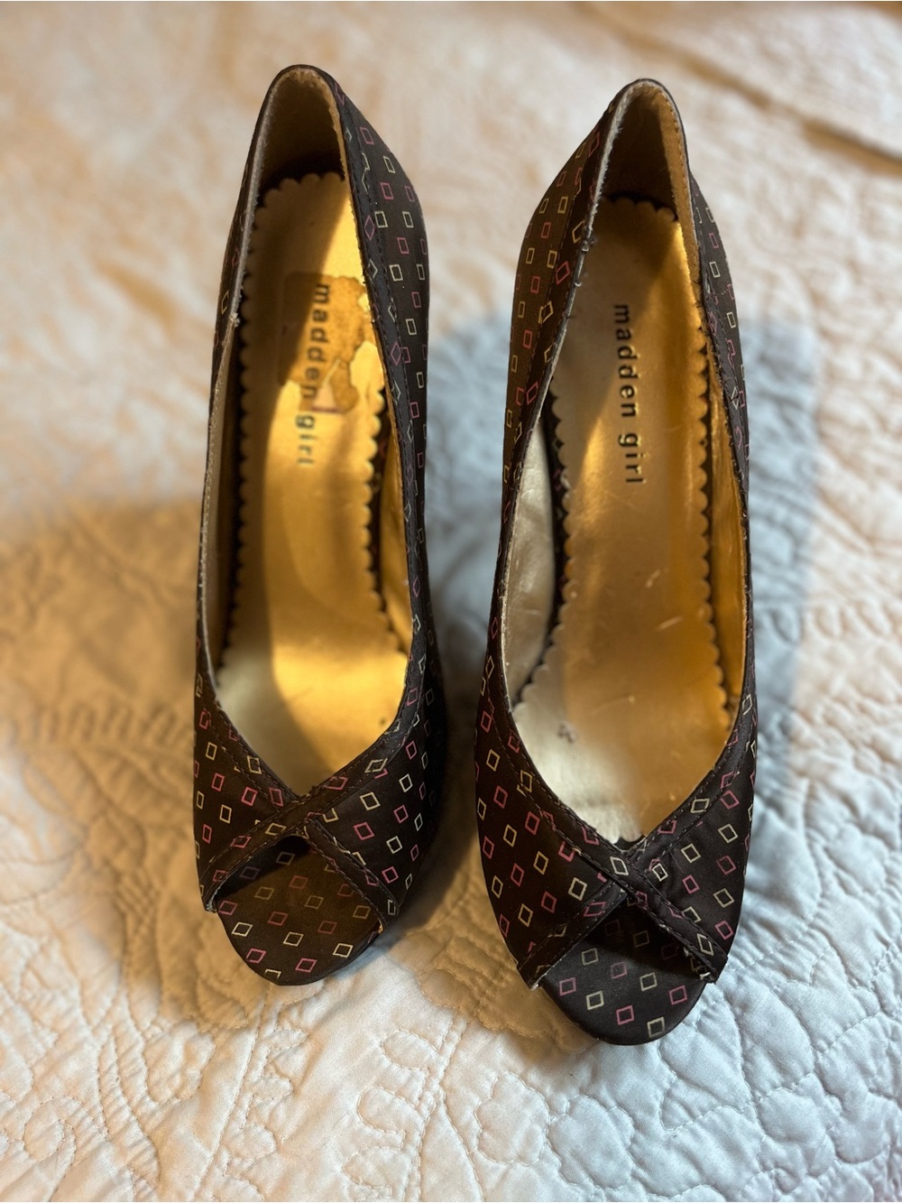 Madden Girl Brown Peep-Toe Heels with Pink & White Diamond Accents